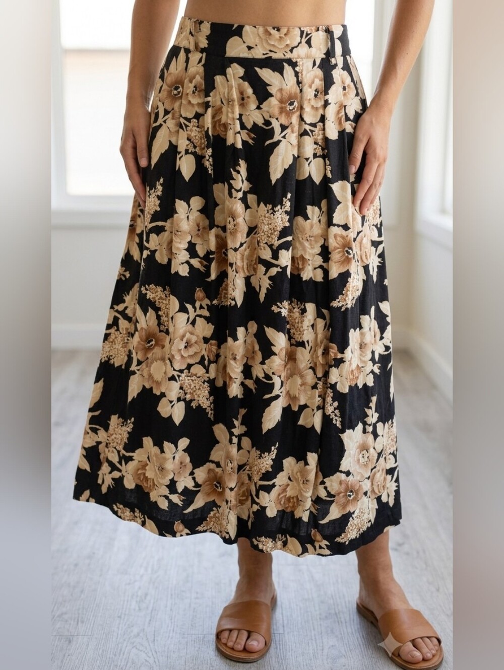 Vintage Braemar Jeremy Scott Beige Floral Boho Pleaded Festival Maxi Skirt 14